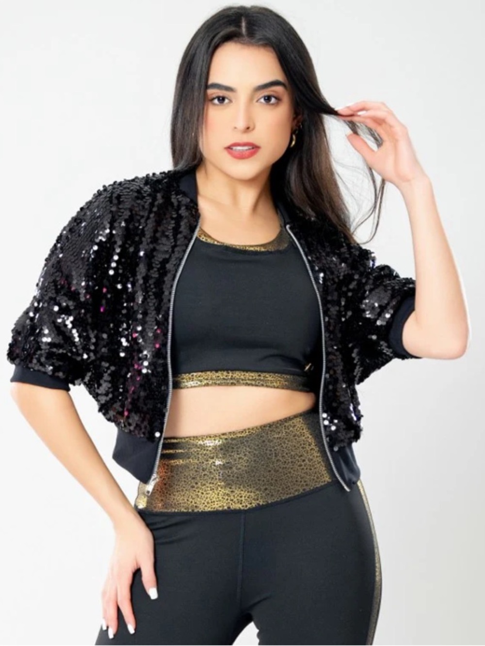 NEW Vintage Express Black Sequin Zip-Front Short Sleeve Top